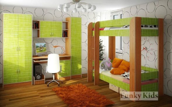 سرير بطابقين أخضر فاتح في الحضانة