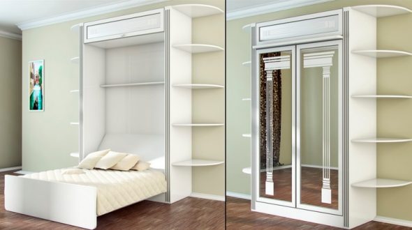 White wardrobe bed with a mirror facade