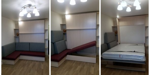 Case-bed met een bank in de woonkamer