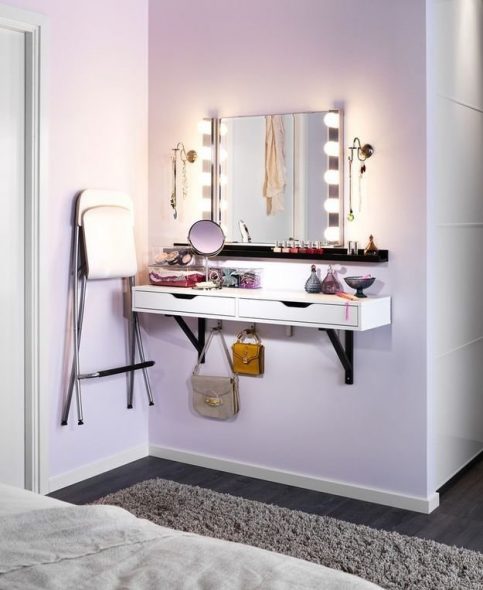 makeup table with a rectangular mirror