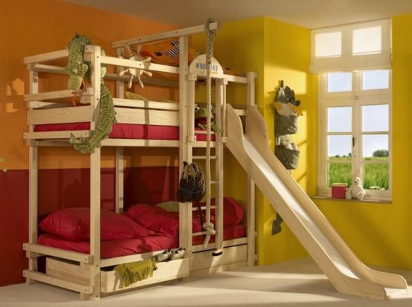 wooden two-level bed with a slide