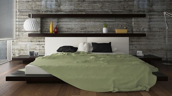 السرير مع الرفوف على الحائط