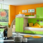 lime two-level bed in an orange interior