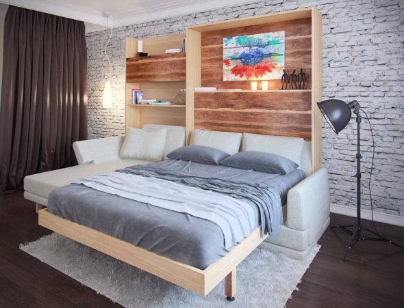 elegant sovrum med en omvandlande säng