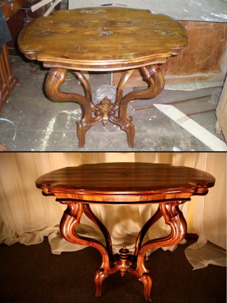 Lacquered table before and after restoration
