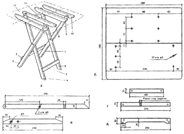 Diagram of a folding chair made of wood