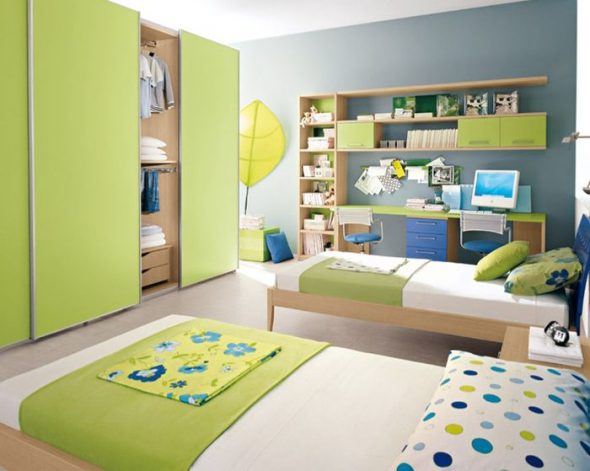 Sliding wardrobes in a nursery of green color