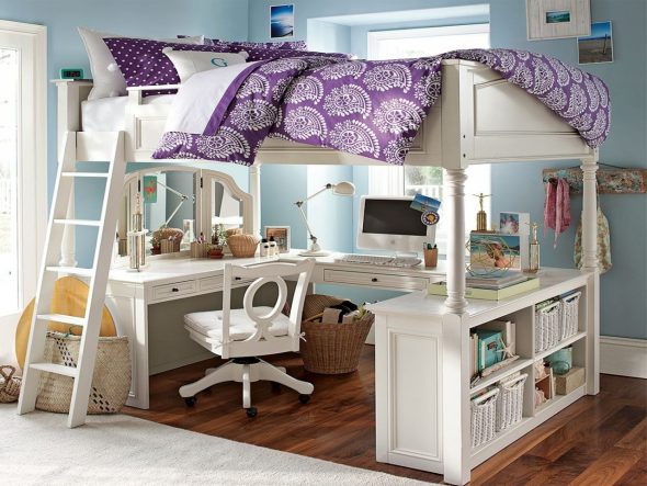 White wooden bunk bed for adults with work desk