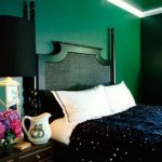 Yeşil yatak odasında siyah mobilya