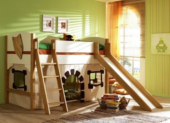 children's bed an attic with a hill