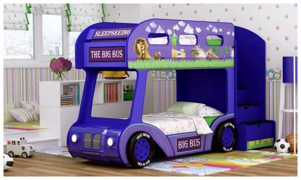 Bunk bed bus in blue color with obemny bumper