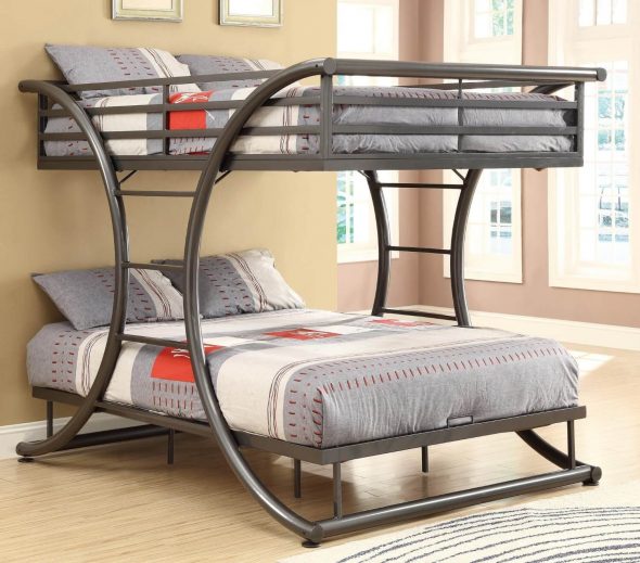 Bunk metal bed para sa mga matatanda sa modernong estilo