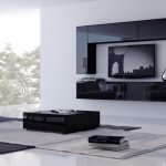 Black modular wall and coffee table in white living room
