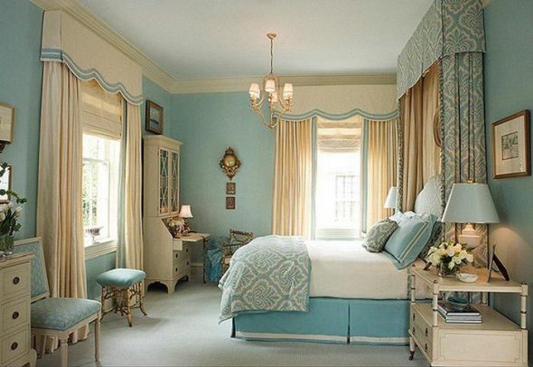 biało-niebieska sypialnia
