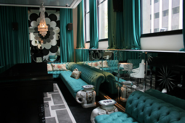 turquoise sofa dark interior