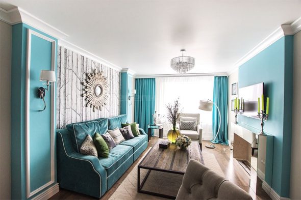 turquoise sofa in white living room