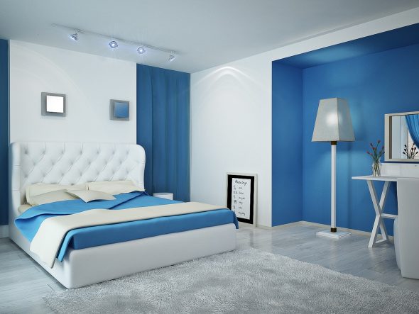 sypialnia w odcieniach bieli i błękitu