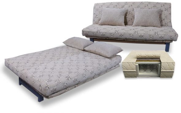 Sofa bed na may orthopedic mattress sa halip ng mga unan