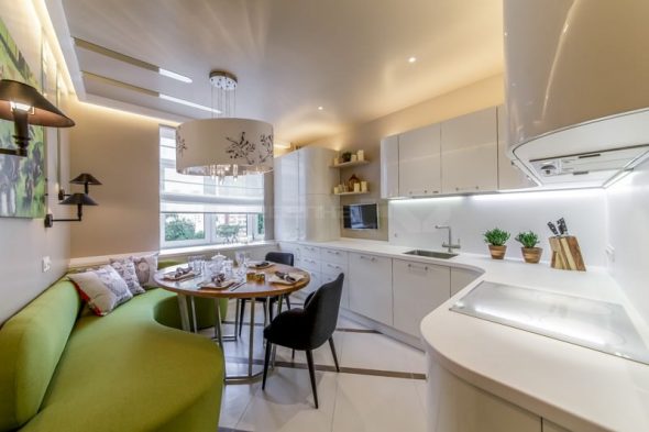 Interior design corner kitchen with a sofa of 13 square meters. m