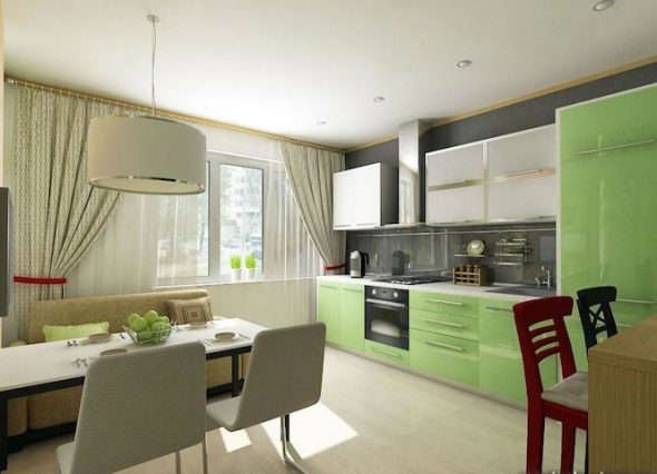 Kitchen design with a soft color sofa