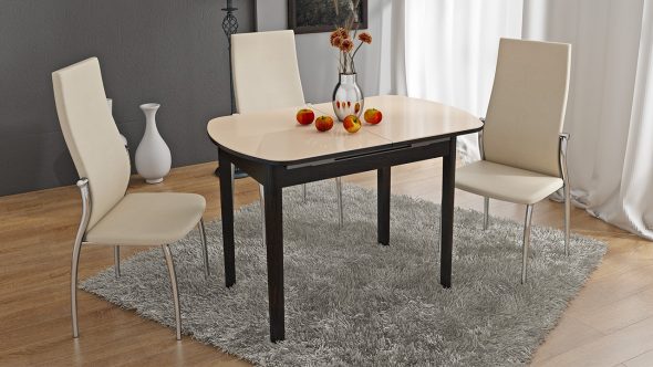 Sliding dining table with glass on wooden legs