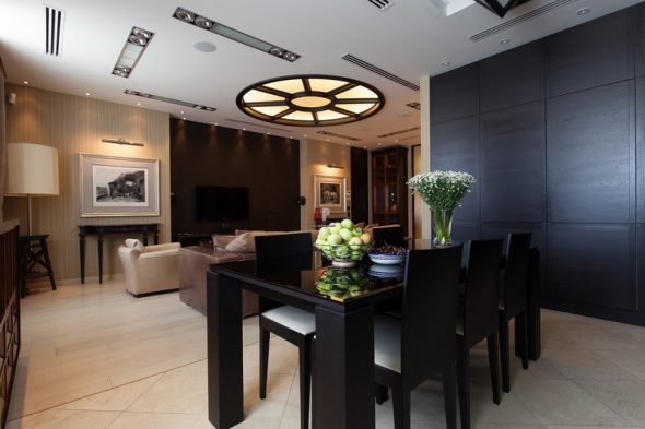black dining table in the living room interior