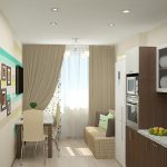 small kitchen design with sofa and tv