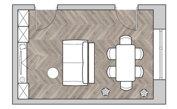 yemek masası içeren küçük bir oturma odası planlaması örneği