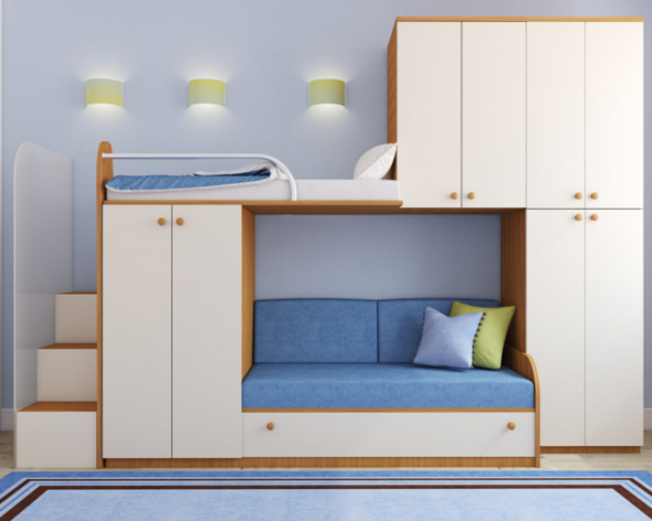 Łóżko piętrowe z sofą na dole i dodatkowymi szafkami