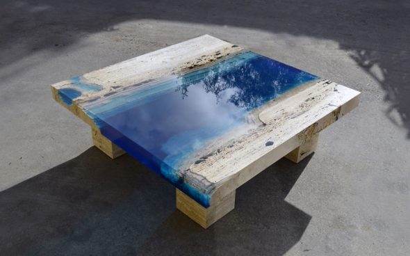 Steep table and epoxy and travertine travertine