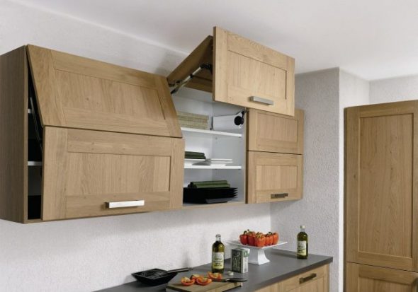 Kitchen cabinets with lifting mechanism and closer