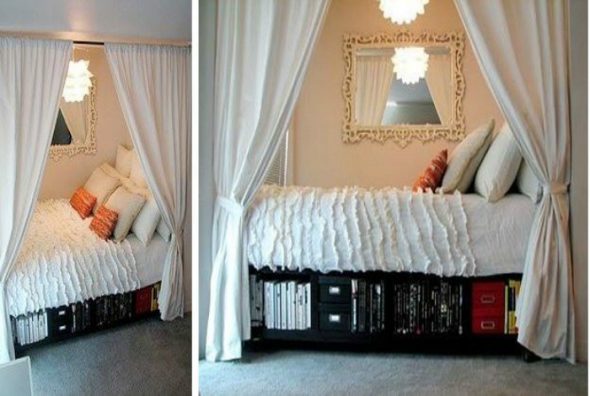 Put the bed in a niche and block it with thick curtains