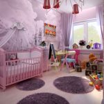 Area for games, learning and sleep in the nursery for girls