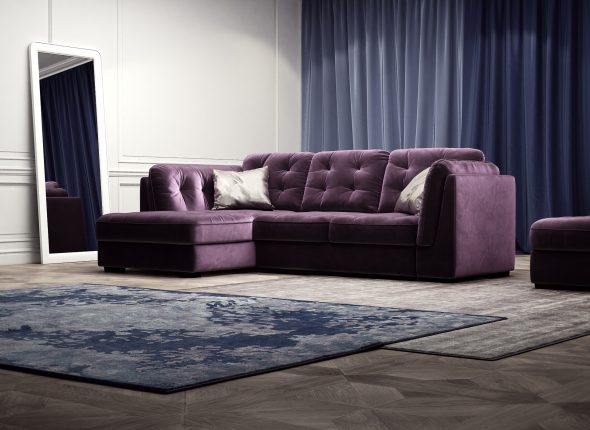 fioletowa narożna sofa