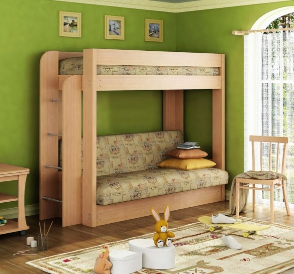 łóżko piętrowe-sofa, gdzie niższy poziom to zwykła dziecięca sofa
