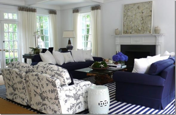 combination of blue and white in the living room