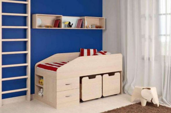 Children's bed attic with boxes for toys
