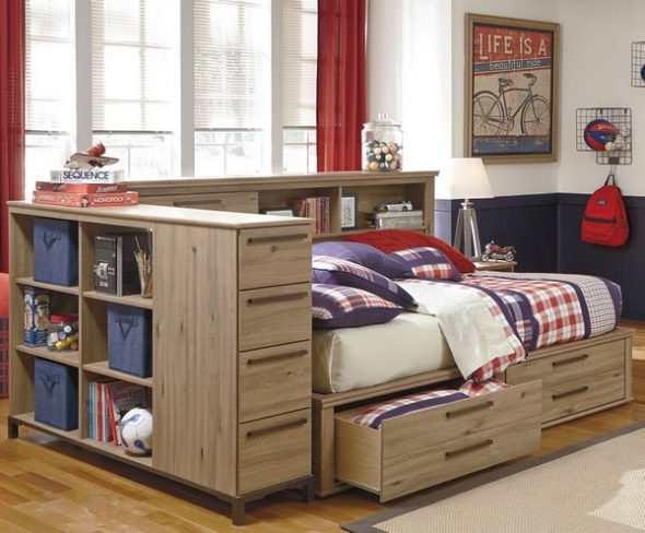 Bed for a teenager with drawers and shelves