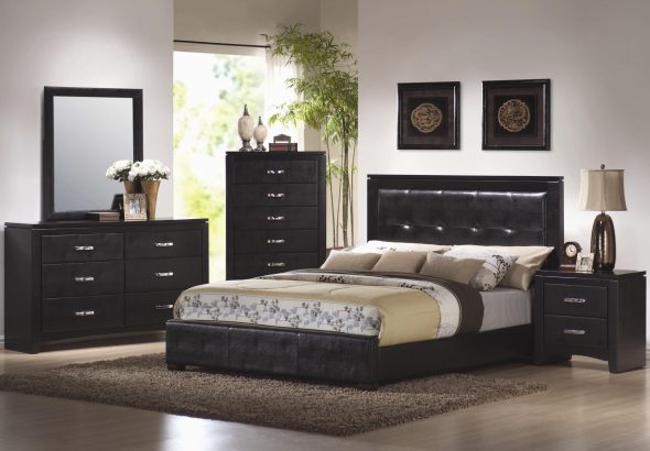 Black leather bed in the bedroom
