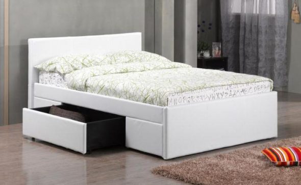 white double bed with storage