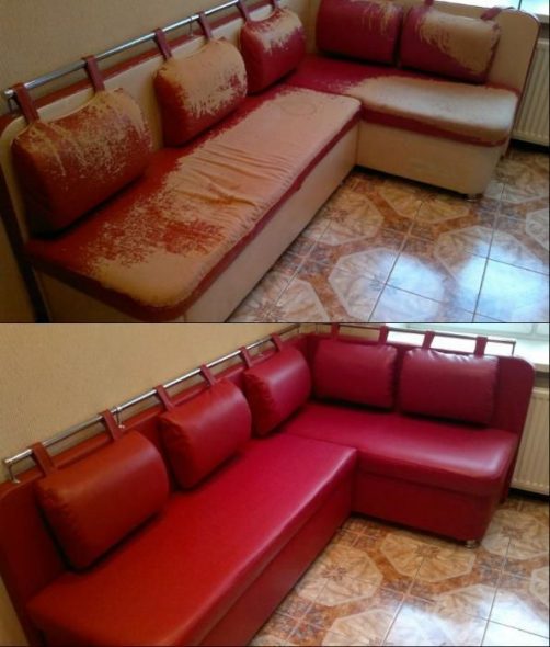 red corner for the kitchen before and after the upholstery