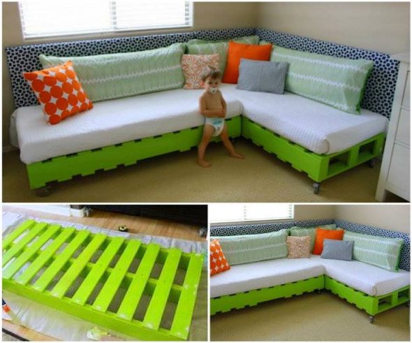 Sałatkowa i pomarańczowa sofa dla gości