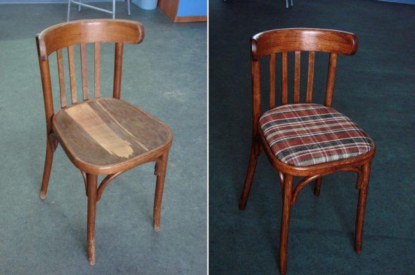 Voor en na de restauratie van de stoel