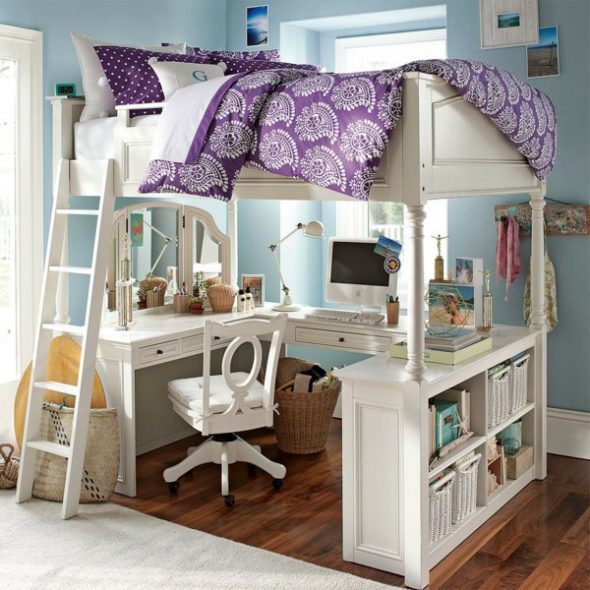 Bunk bed with a workplace on the first tier