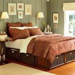 Family wooden bed with storage drawers in the bedroom