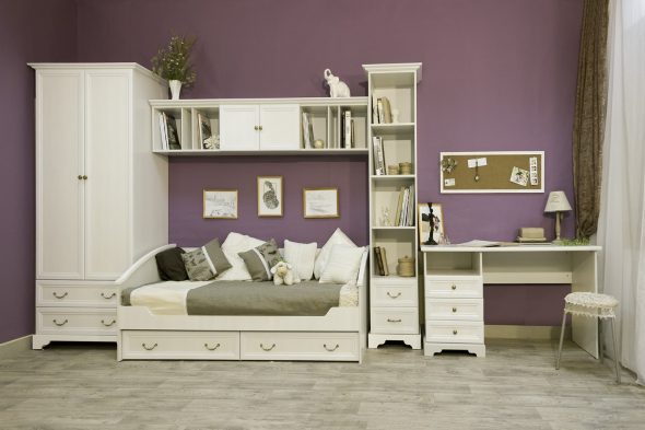 White bedroom set with a desk