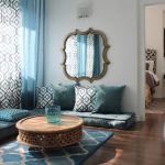 Turquoise and black ornaments in textiles and interior