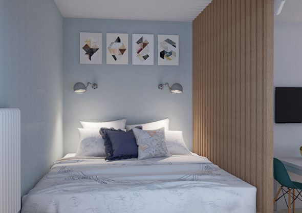Mažo miegamojo dizainas pagal minimalizmo stilių