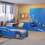 Room with blue headset with cars