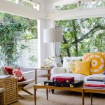 Red, yellow, blue in the interior design of a large and bright room